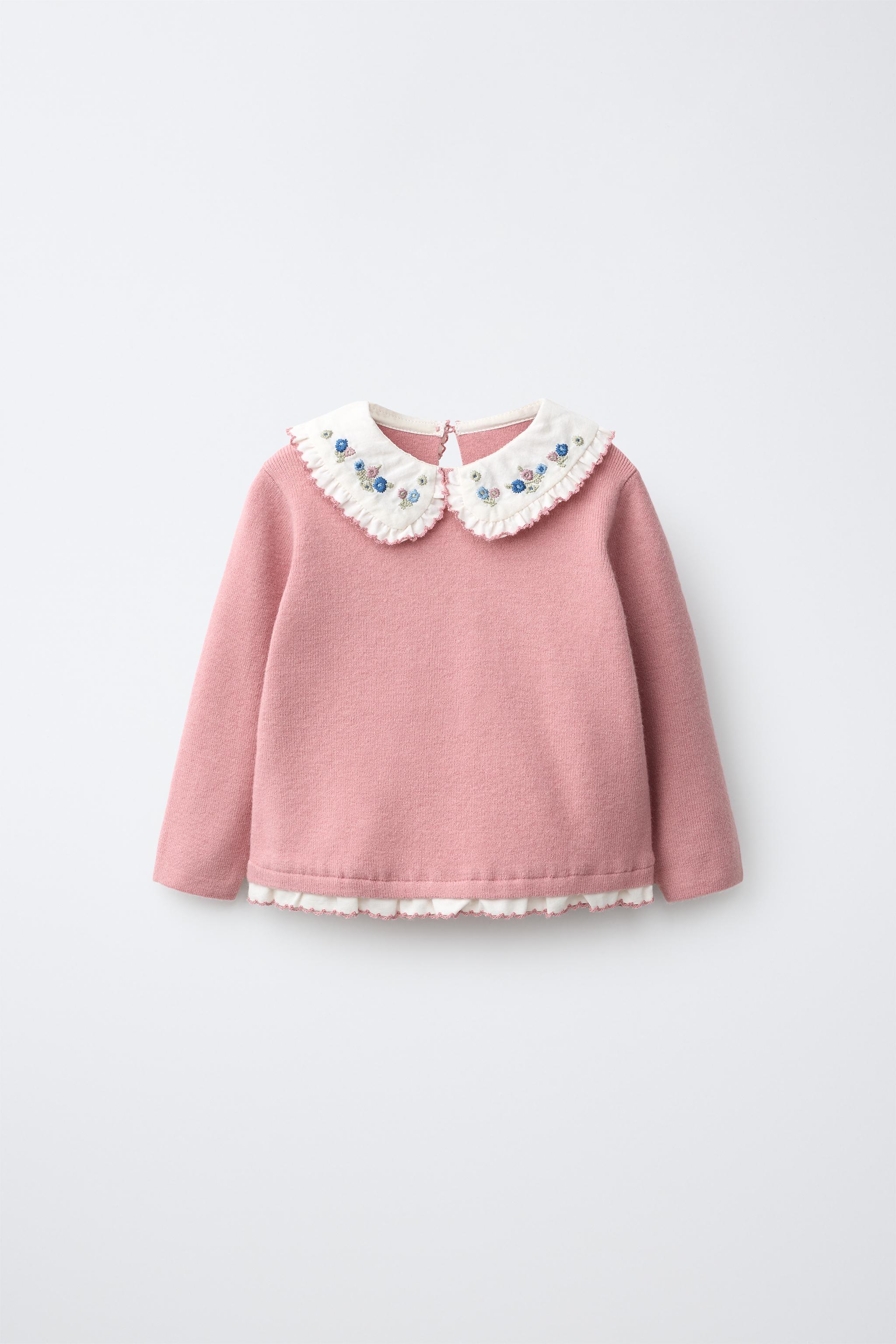 EMBROIDERED FLOWER COLLAR KNIT JUMPER — Light pink