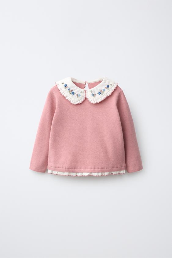 FLORAL EMBROIDERED COLLAR KNIT JUMPER - Light pink by Zara - Image 0