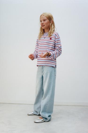 Zara STRIPED HEART PATCH T-SHIRT - Light blue
