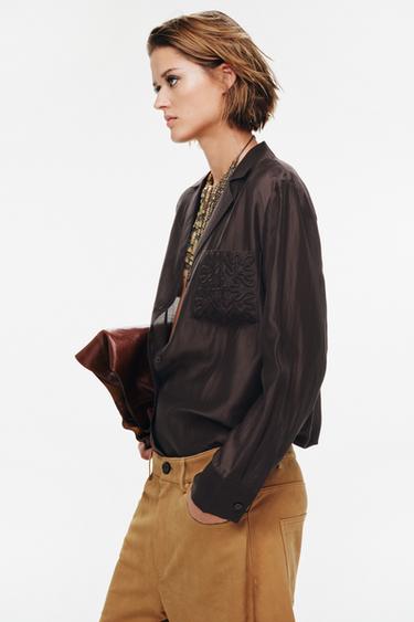 CHEMISE BRODÉE À POCHE ZW COLLECTION - Marron de Zara