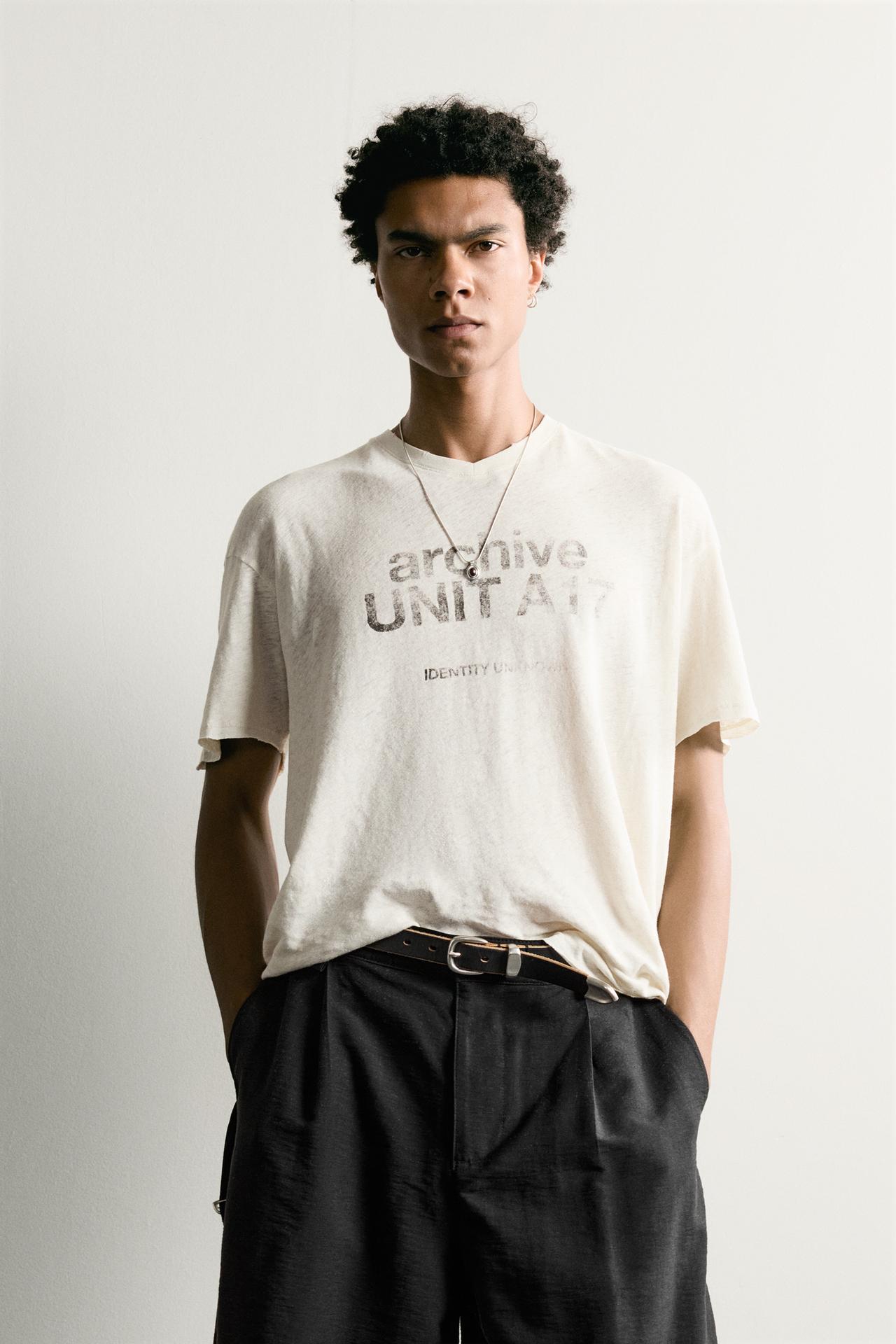 WASHED COTTON-LINEN T-SHIRT WITH TEXT — White