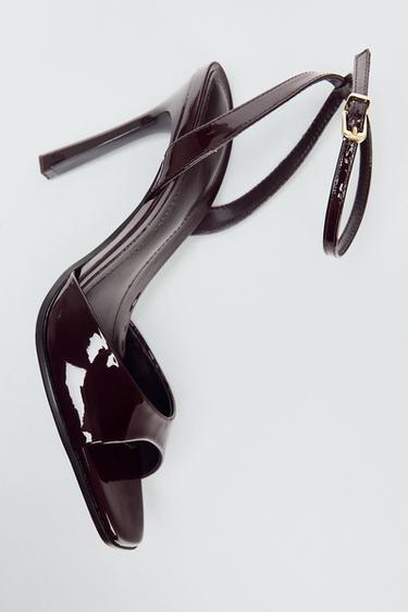 FAUX-PATENT-FINISH HEELED MULES - Brown by Zara