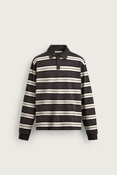 Zara STRIPED REGULAR FIT POLO SHIRT - Ecru / Brown