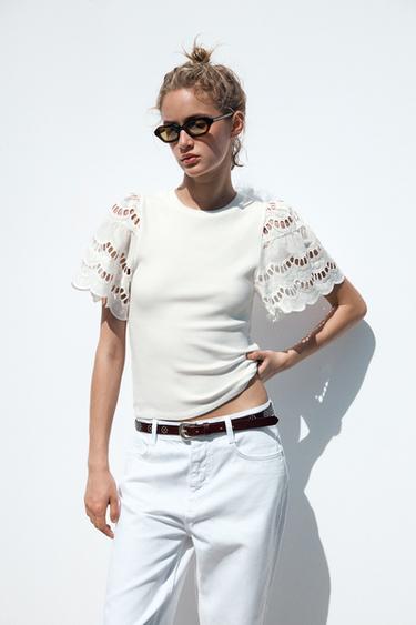 Zara EMBROIDERED SLEEVE SHIRT - White