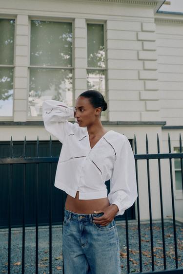 Zara EMBROIDERED POPLIN SHIRT - White