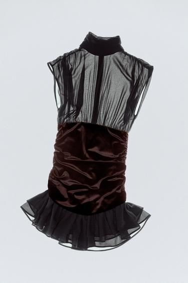 SHORT DRESS WITH VELVET AND RUFFLES - Dark charcoal grey by Zara