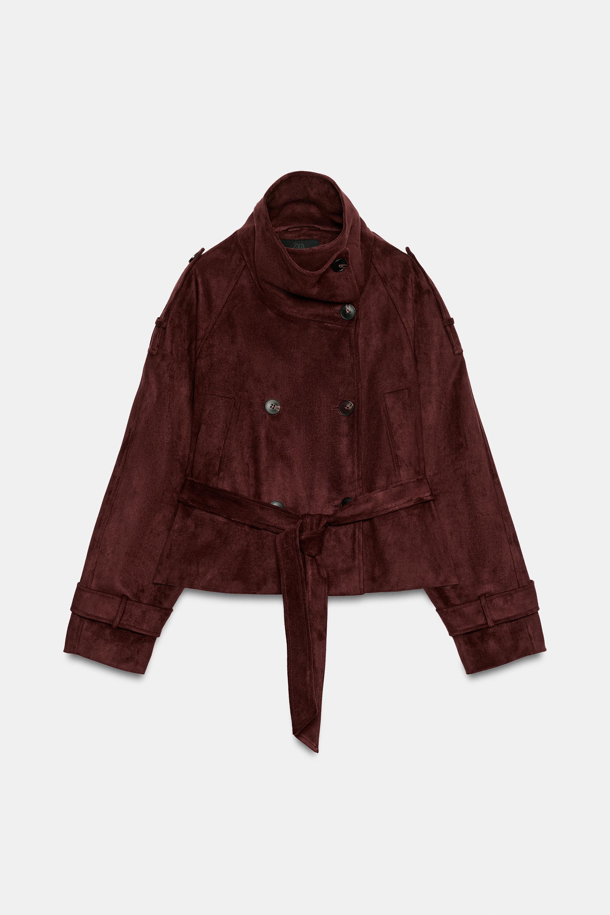 FAUX SUEDE BELTED JACKET — Eggplant