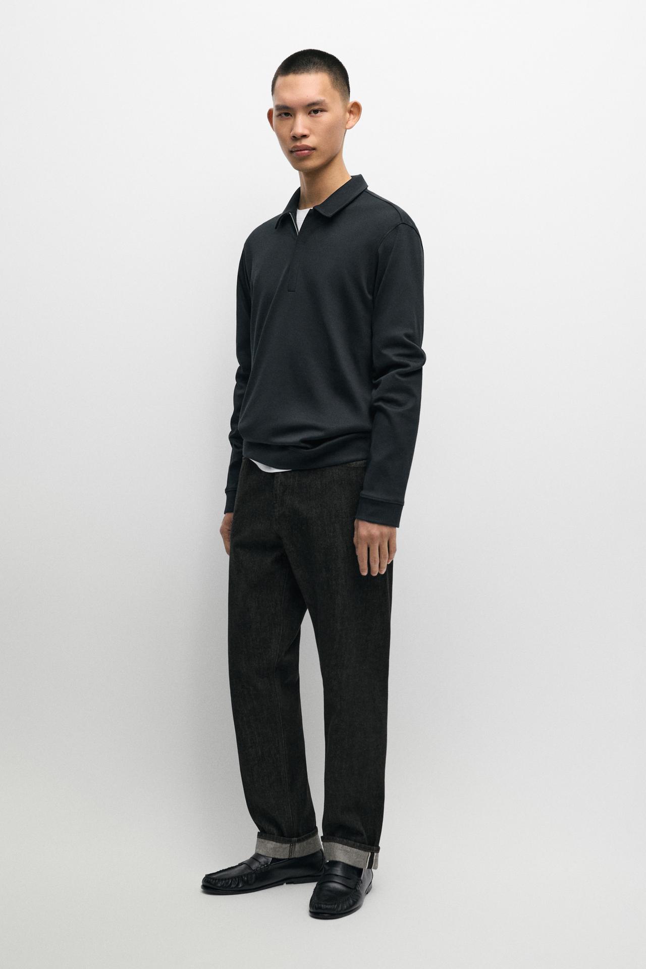 Long sleeve zip detail polo — Navy blue