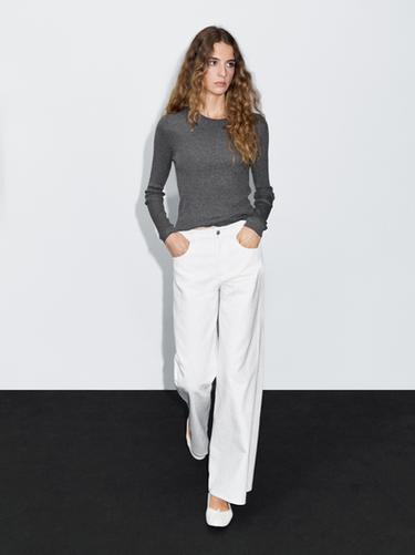 Pantalón tejanero wide leg textura - Blanco roto de Zara