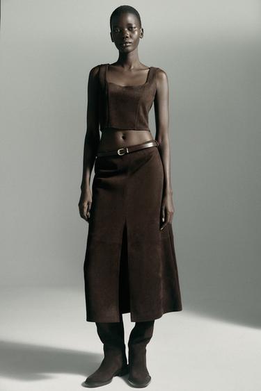 Zara FAUX SUEDE CROP TOP - Chocolate brown