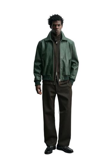 CAZADORA BOMBER PIEL - Verde medio de Zara