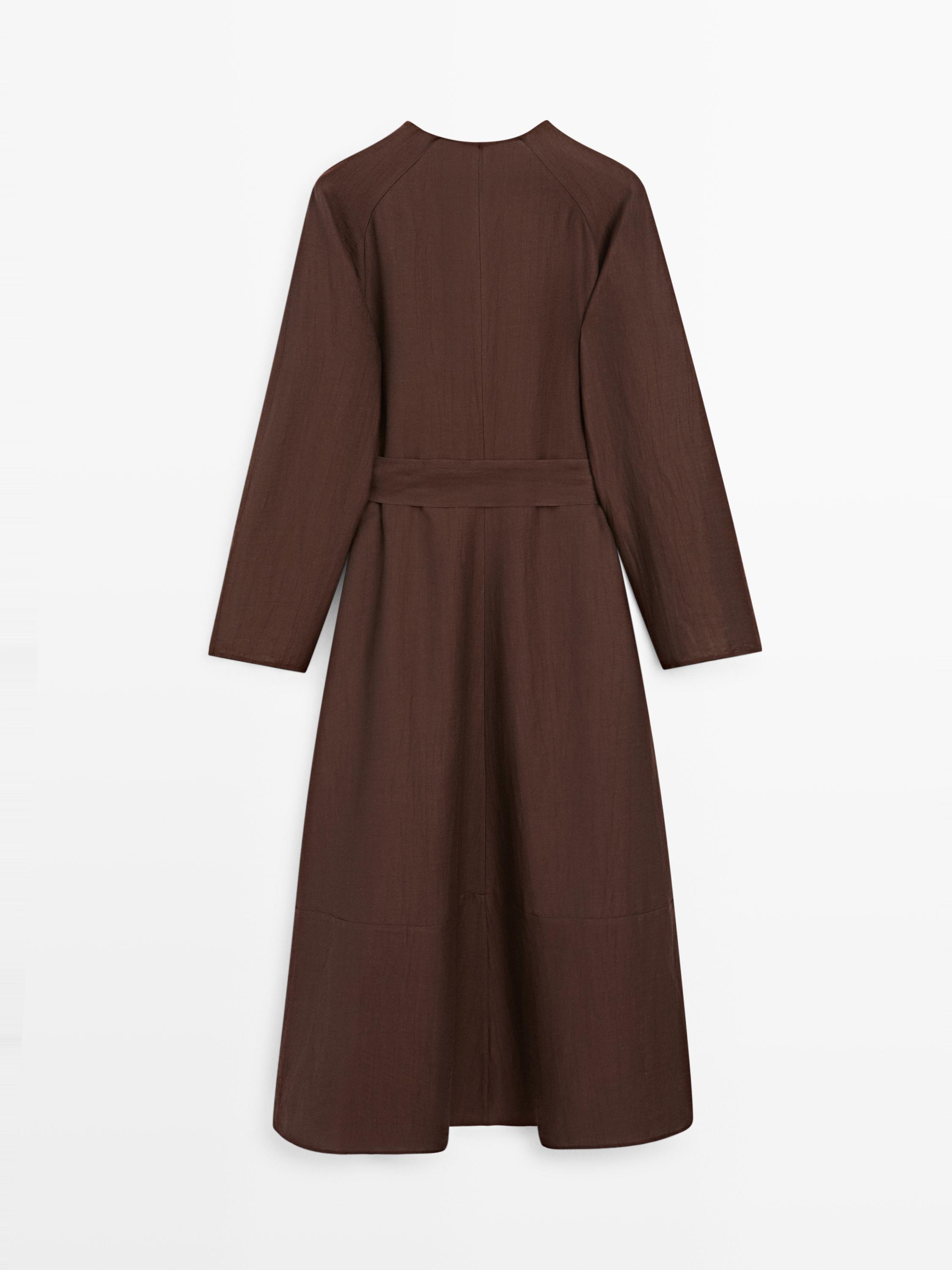 Flowing linen blend midi dress with belt
