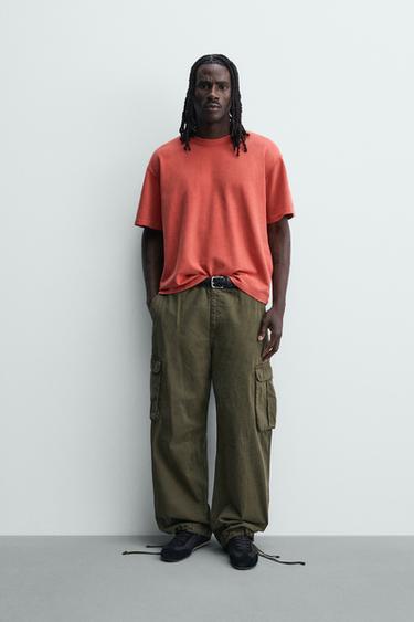 Zara 水洗細格紋理 T 恤 - 紅色