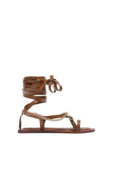 TIED LEATHER FLAT SANDALS WITH CHAIN