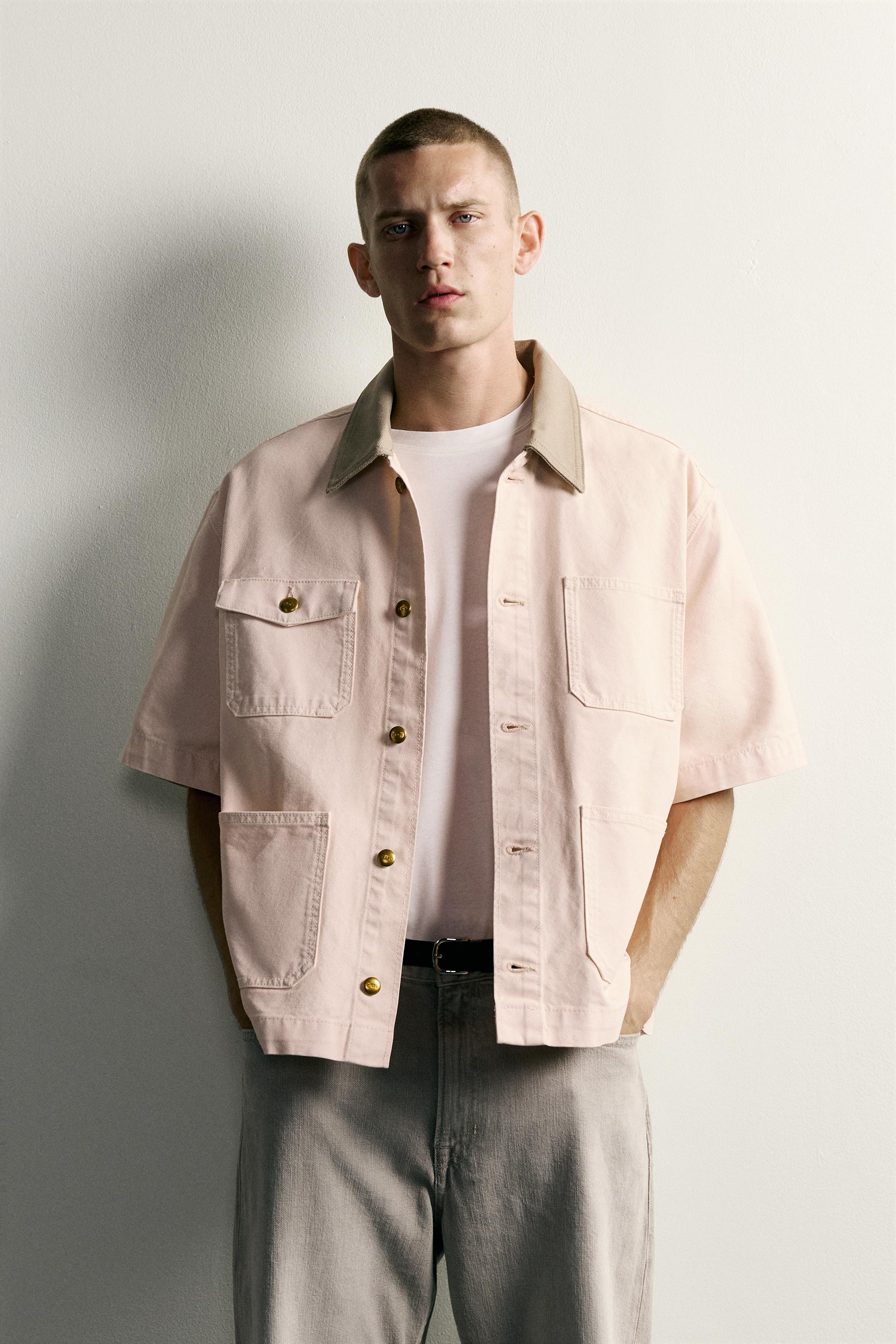 CONTRAST COLLAR SHORT SLEEVE OVERSHIRT — Pink