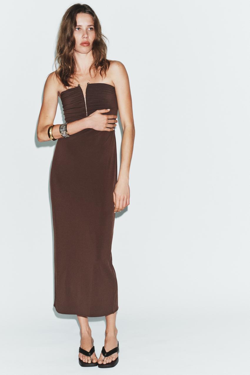 STRAPLESS DRESS - Brown | ZARA United States STRAPLESS DRESS - Brown | ZARA United States