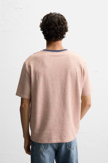 STRIPED T-SHIRT WITH CONTRAST RIB - Ecru / Red by Zara - Image 2
