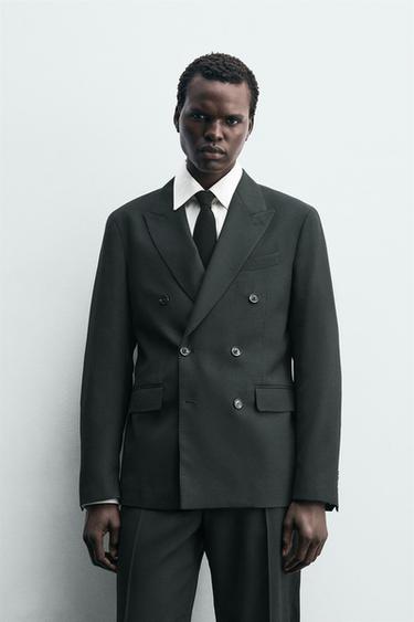 Zara DOUBLE BREASTED WOOL BLEND SUIT JACKET - Dark green