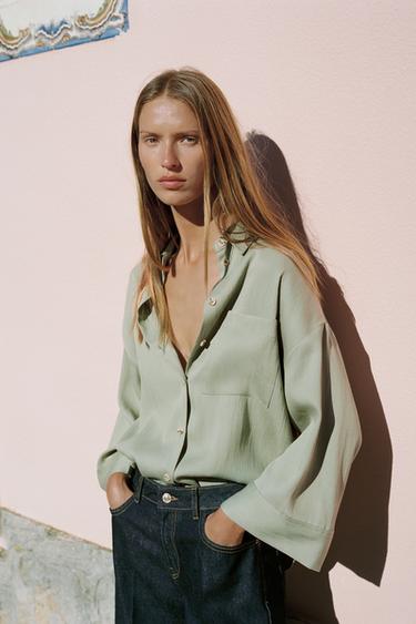 Zara OVERSIZED WIDE SLEEVE SHIRT - Light khaki