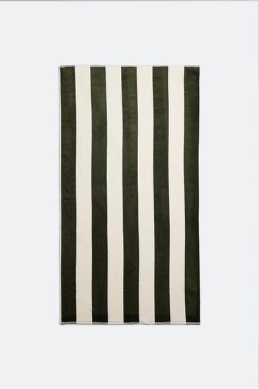 Zara WIDE STRIPE VELOUR BEACH TOWEL - Ecru / Green
