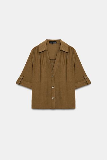 CAMISA TEXTURA MANGA VUELTA - kaki-med de Zara