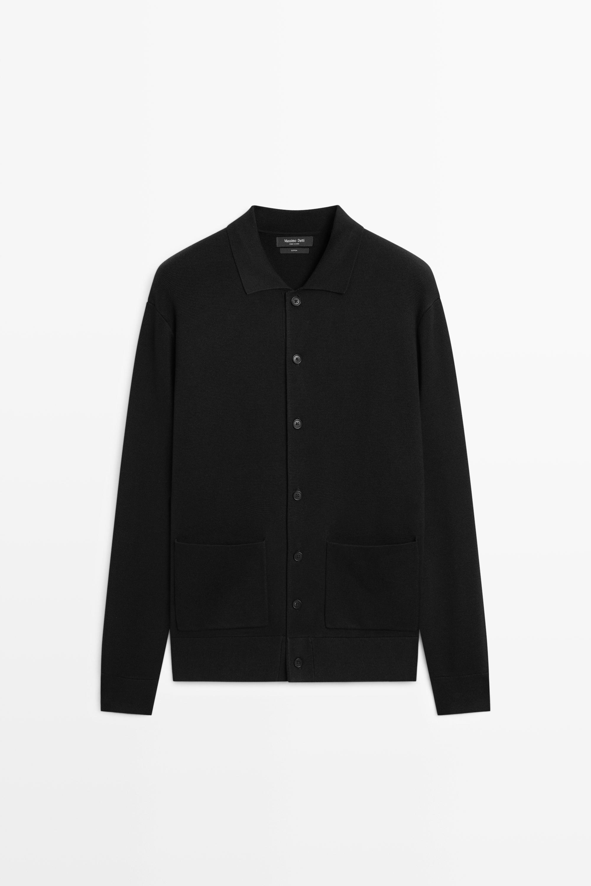 100% cotton knit polo collar cardigan — Black