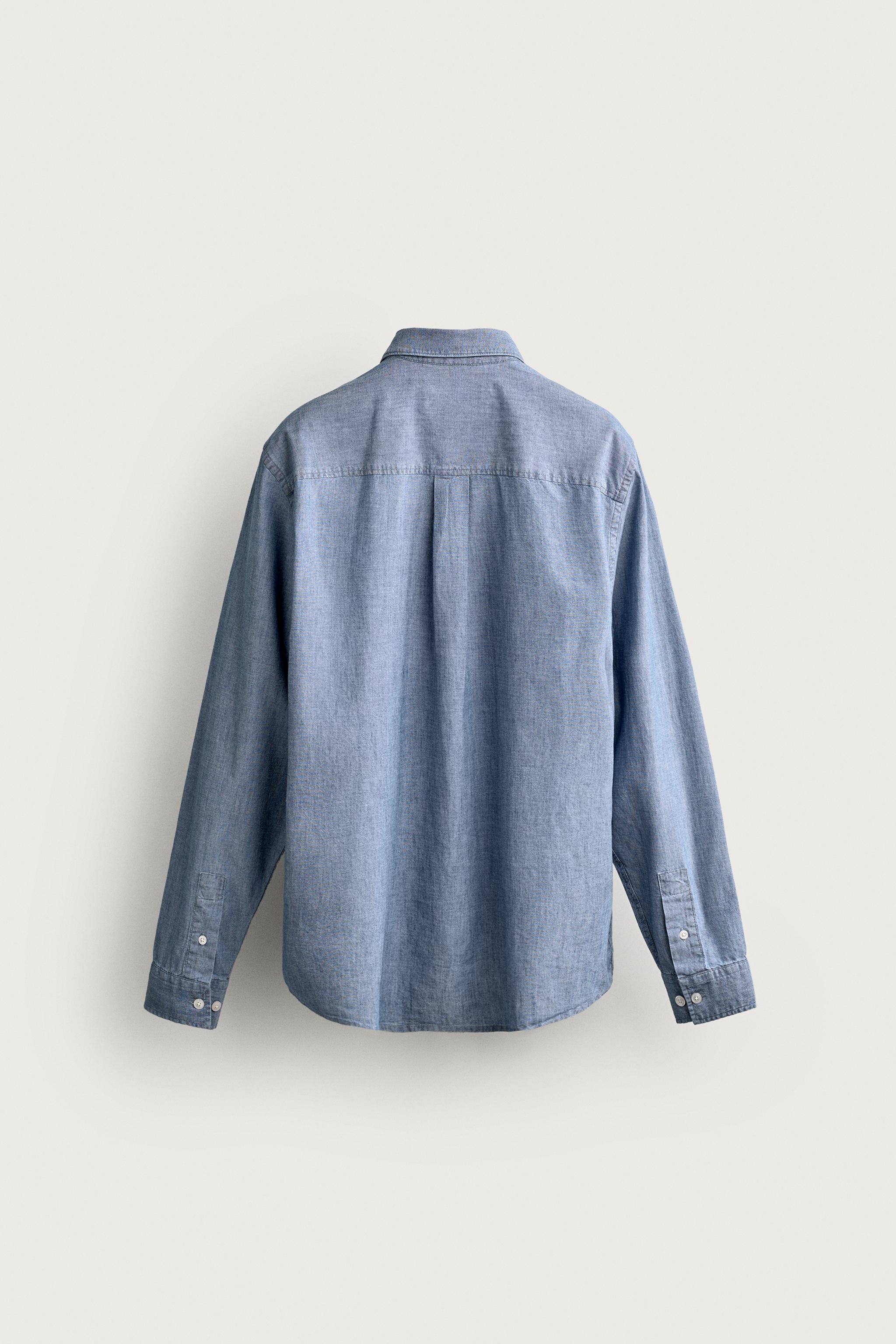 REGULAR FIT CHAMBRAY POCKET SHIRT — Mid-blue