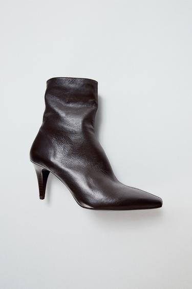 LEATHER HEELED ANKLE BOOTS - Brown by Zara