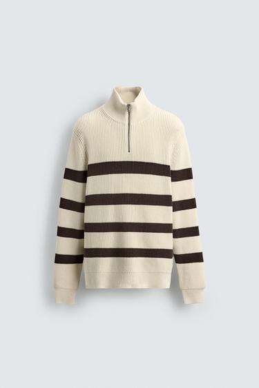 PURL KNIT ZIP-UP JUMPER - Ecru / Brown by Zara