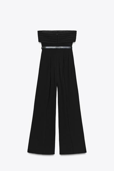 Zara CREPE BUSTIER JUMPSUIT WITH BELT - Black