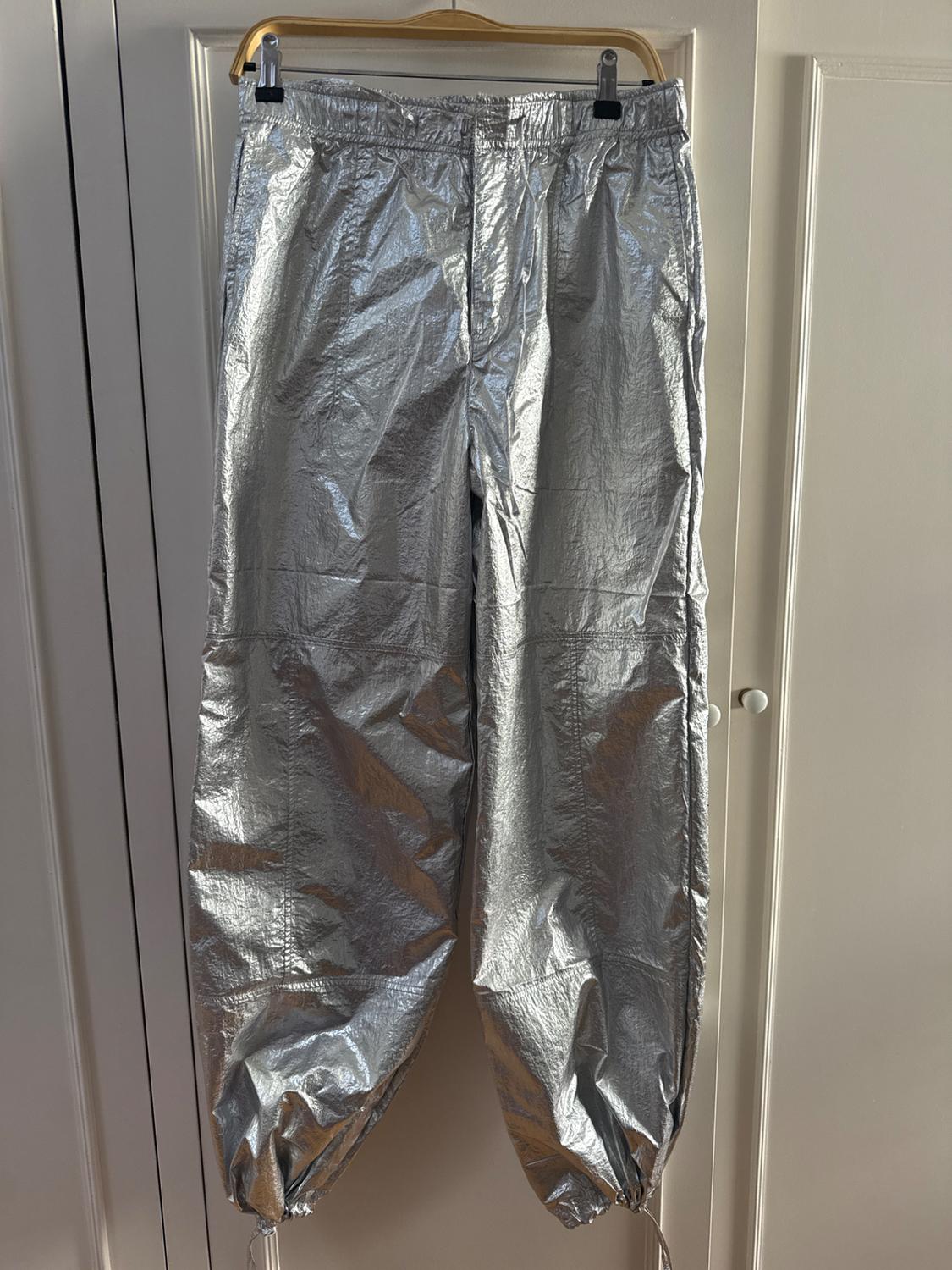 Shiny silver trousers hanging on a wooden hanger, with a white door background.