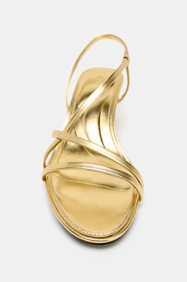 LEATHER KITTEN HEEL SANDALS - Gold by Zara - Image 7