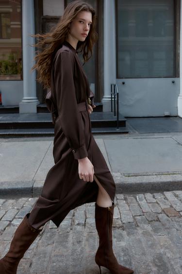 Zara BELTED WRAP MIDI DRESS - Brown