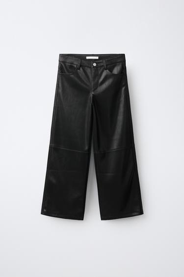 PANTALON WIDE LEG MATIÈRE SYNTHÉTIQUE - Noir de Zara