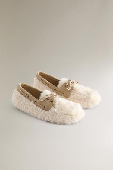 FAUX SHEARLING LEATHER LOAFER SLIPPERS - Beige by Zara - Image 1