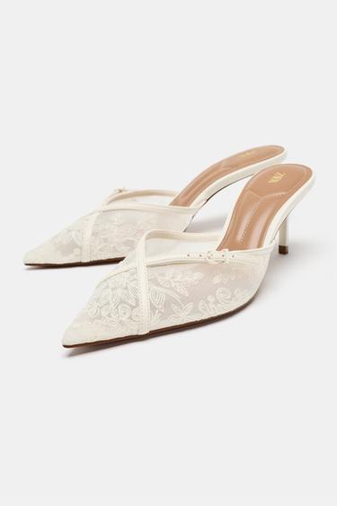SANDALES À TALONS EN MESH BRODÉ - Blanc de Zara - Image 1
