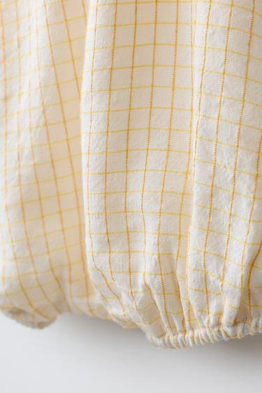 SHORT CHECKED LINEN-BLEND ROMPER - Yellow by Zara - Image 4