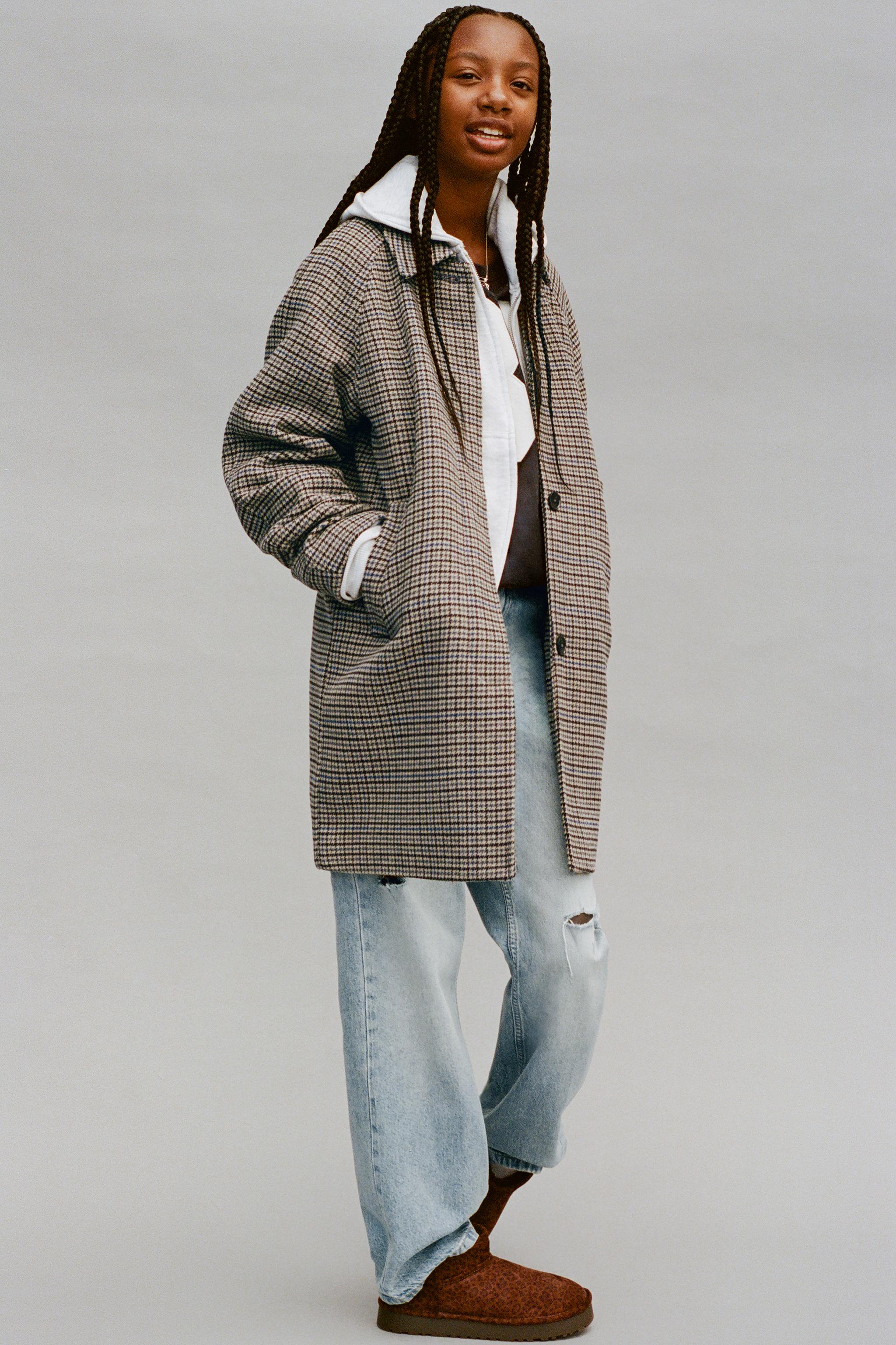 ウール混紡チェック柄ロング丈コート - エクリュ/ブルー | ZARA Japan