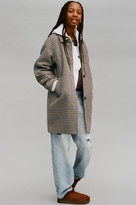 LONG CHECKED COAT WITH WOOL - Ecru / Blue by Zara - Image 0