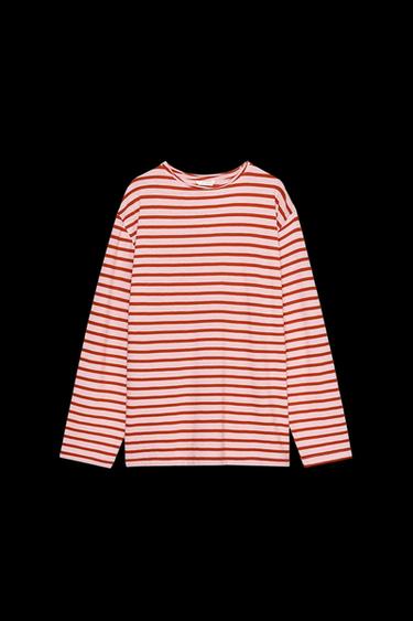 T-SHIRT AUS FLAMMGARN-BAUMWOLLE MIT STREIFEN - Gestreift von Zara - Bild 0