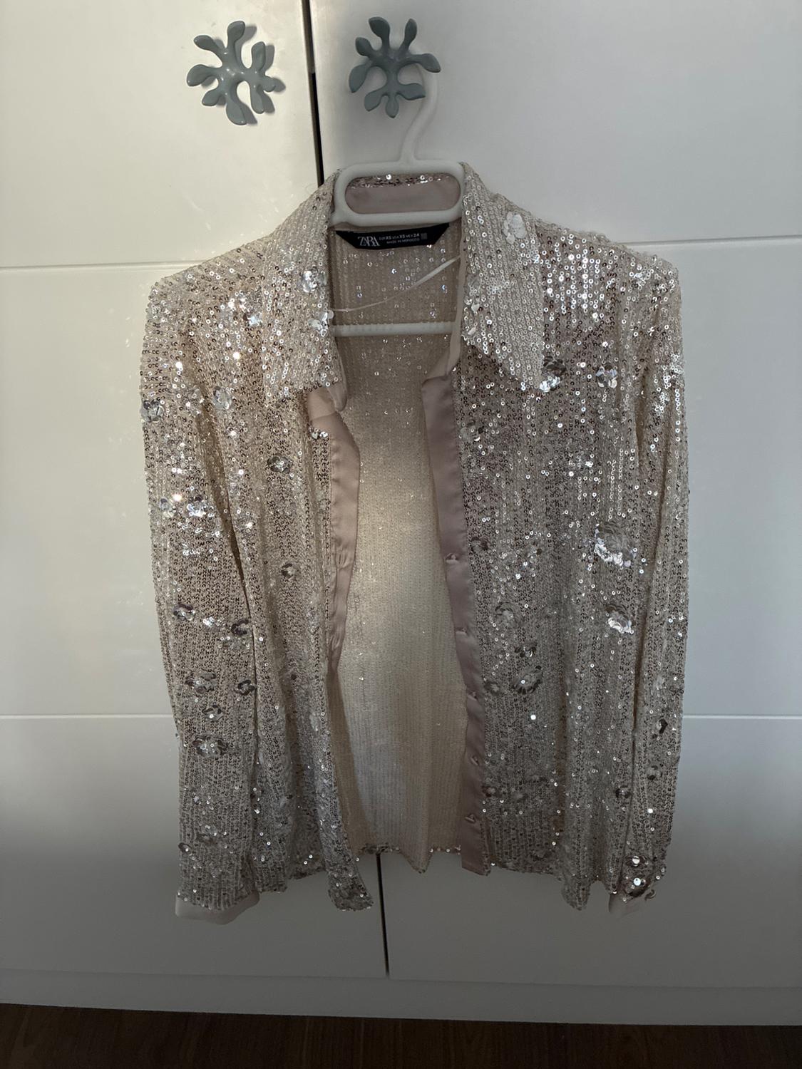 Beige long-sleeved shirt with shiny sequins, hanging on a white hanger in a wardrobe. ZARA label visible.