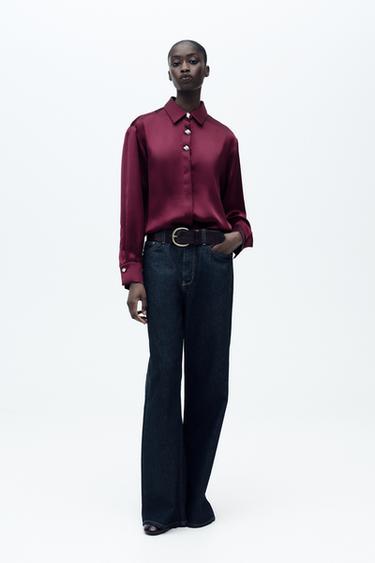 SATIN SHIRT WITH GOLD BUTTONS - Burgundy by Zara - Image 0