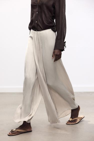 Zara SATIN EFFECT WRAP FRONT PANTS - Stone
