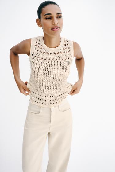Zara POINTELLE KNIT TOP - Ecru