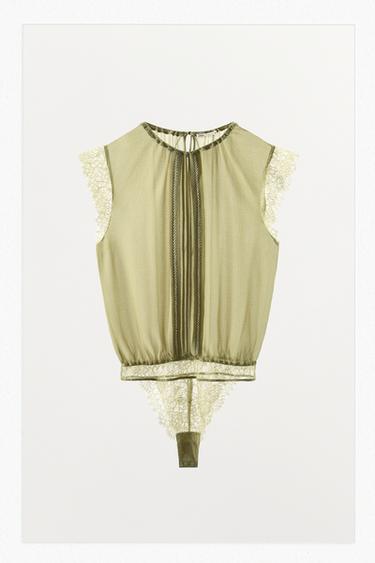 BODY BLOUSE EN GEORGETTE ET DENTELLE - Vert de Zara