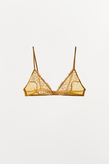 TREKANTET BRALETTE I MESH OG BLONDER - Gul fra Zara