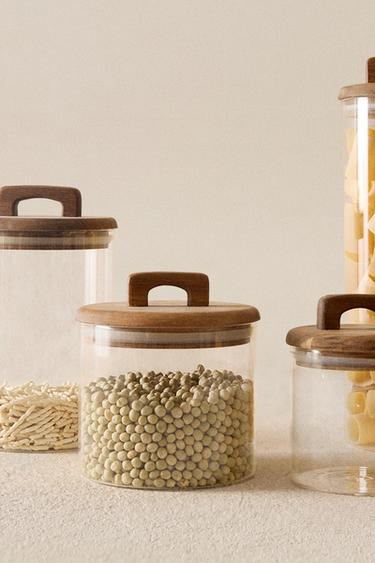BOROSILICATE GLASS AND WOOD STORAGE JAR - Light beige by Zara