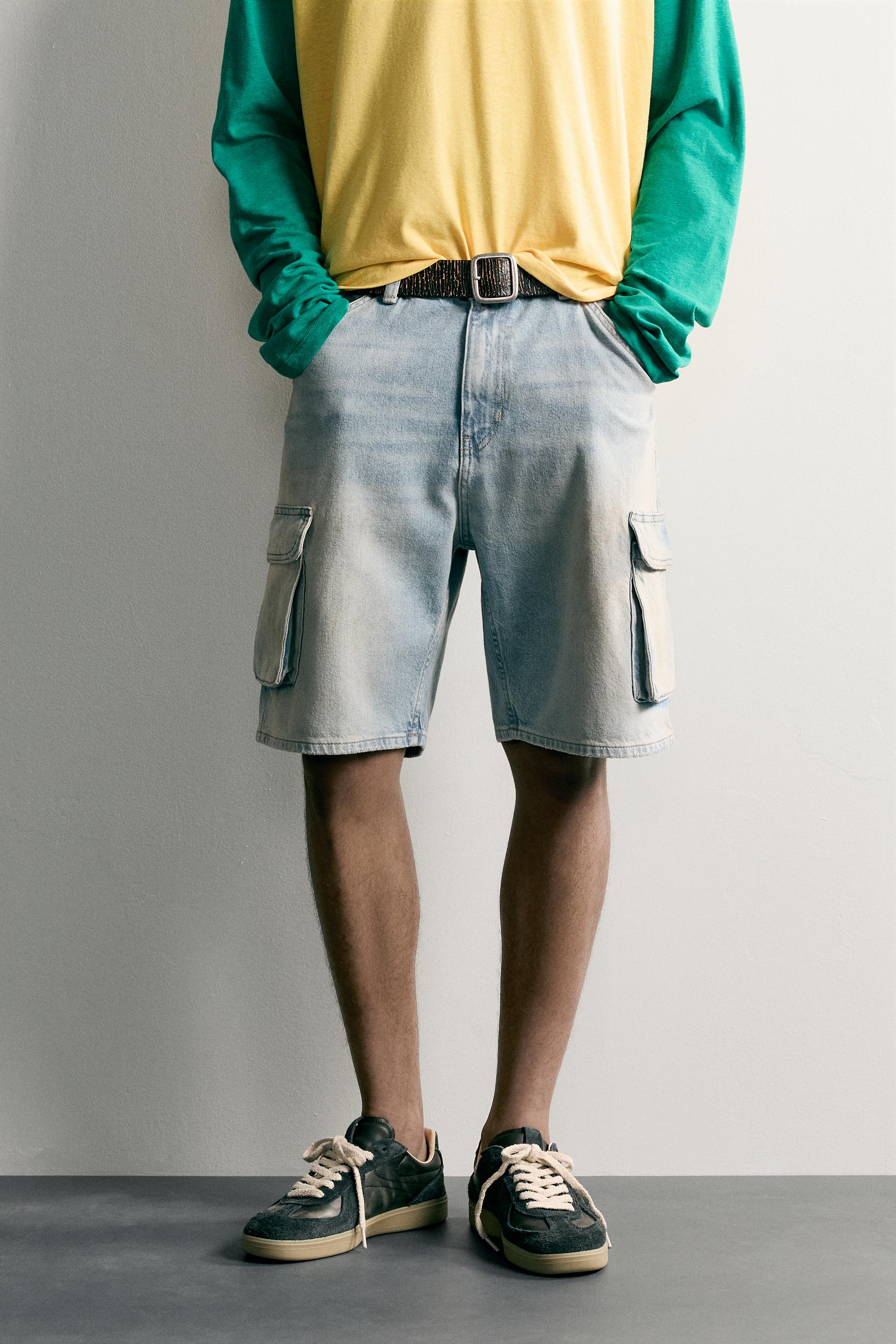 VINTAGE-EFFECT BAGGY CARGO SHORTS — Blue