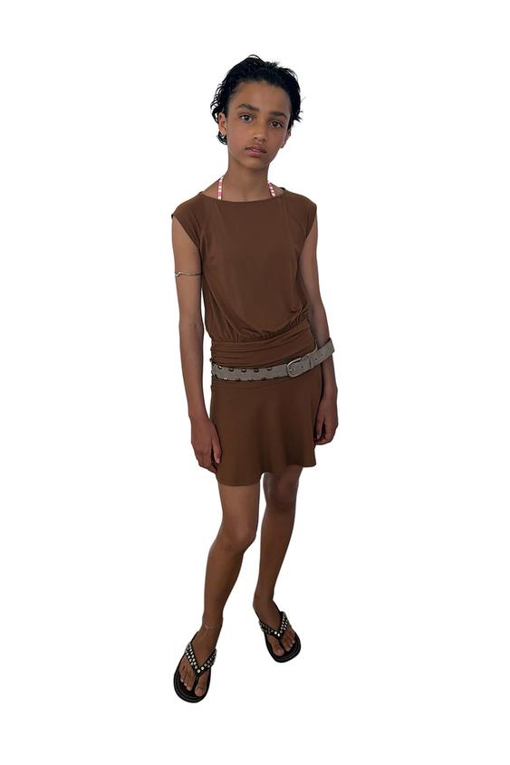 DRESS WITH WAISTBAND AND RUFFLE - Brown by Zara - Image 0