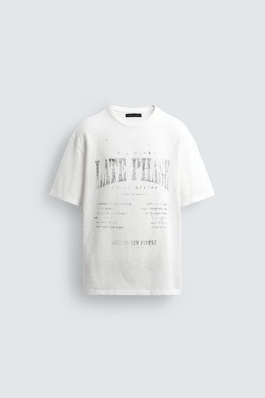 Zara WASHED PRINT KNIT T-SHIRT - White